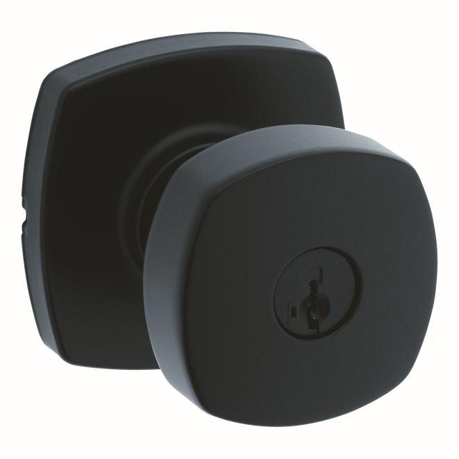 Kwikset Arroyo Knob With Midtown Rosette Entry Door Lock With SmartKey in Matte Black finish