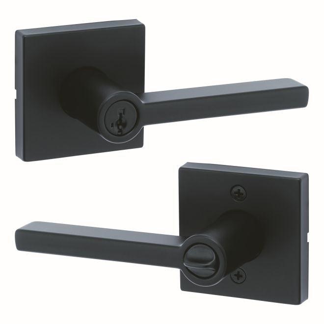 Kwikset Halifax Lever With Square Rosette Entry Door Lock With SmartKey in Matte Black finish