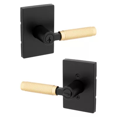 Kwikset Prava Lever with Rectangle Rosette Matte Black-Satin Brass