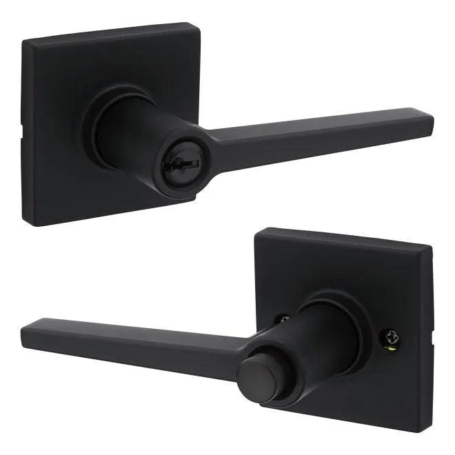 Kwikset Safelock Daylon Lever With Square Rosette Push Button Entry Lock in Matte Black finish