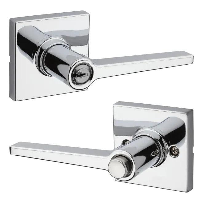 Kwikset Safelock Daylon Lever With Square Rosette Push Button Entry Lock in Polished Chrome finish