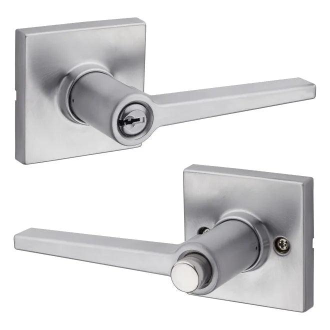 Kwikset Safelock Daylon Lever With Square Rosette Push Button Entry Lock in Satin Chrome finish