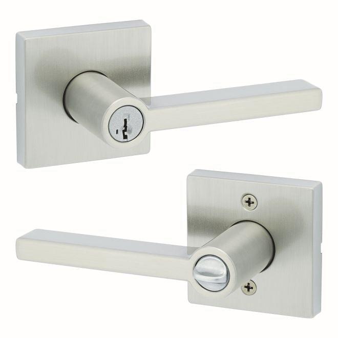 Kwikset Halifax Lever With Square Rosette Entry Door Lock With SmartKey in Satin Nickel finish