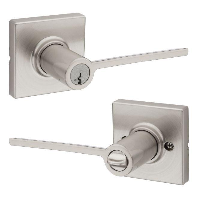 Kwikset Ladera Lever With Square Rosette Entry Door Lock With SmartKey in Satin Nickel finish