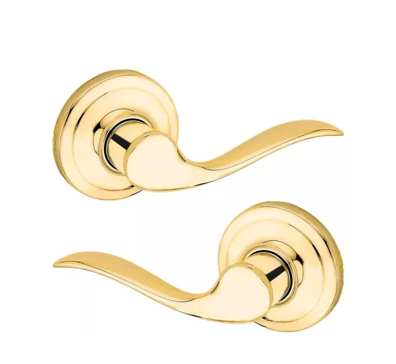 The Kwikset Kwikset Tustin Lever in Polished Brass finish.