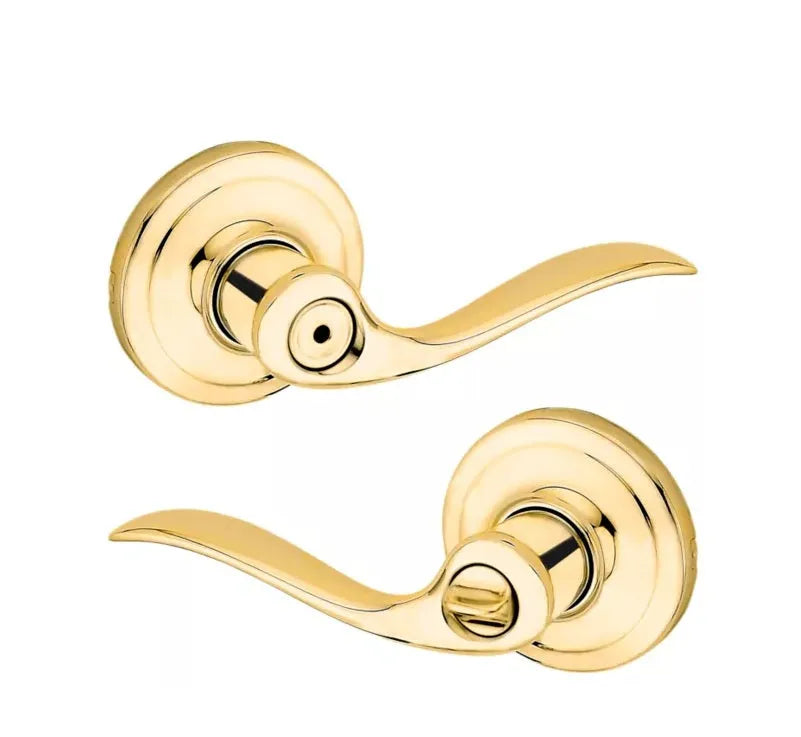 The Kwikset Kwikset Tustin Lever in Polished Brass finish.