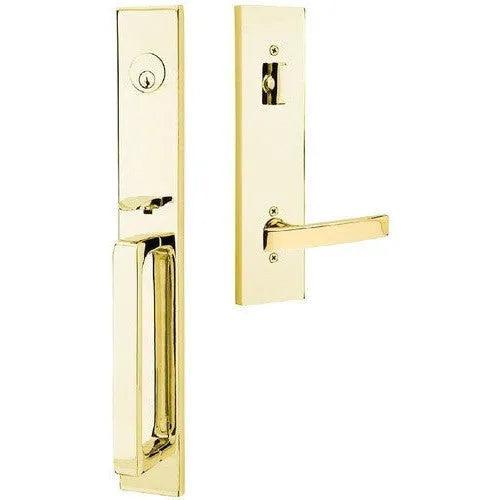 Emtek Lausanne Tubular Entrance Handleset Single Cylinder with Geneva Lever in Unlacquered Brass finish