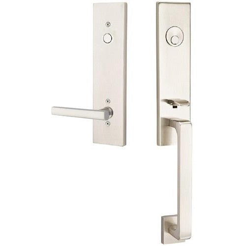 Emtek Davos Tubular Entrance Handleset With Freestone Lever in Lifetime Polished Nickel finish