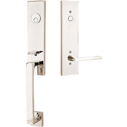 Emtek Davos Tubular Entrance Handleset With Helios Lever in Lifetime Polished Nickel finish