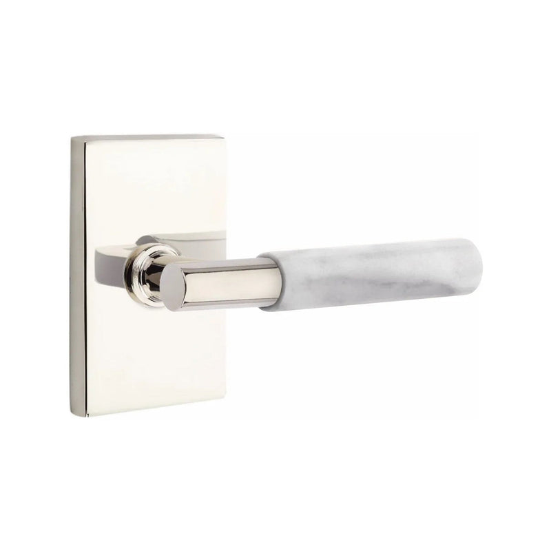 Emtek Select T-Bar White Marble Lever with Modern Rectangular Rosette in Lifetime Polished Nickel finish