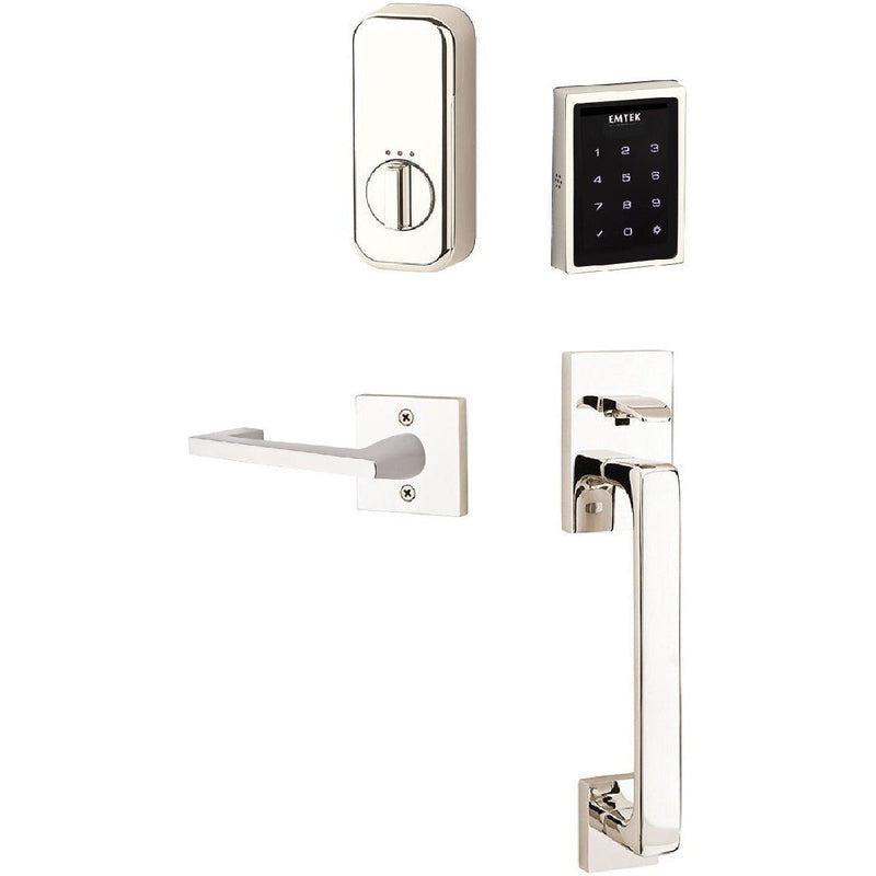 The Emtek Electronic EMPowered Motorized Touchscreen Keypad Entry Set With Baden Grip and Argos Lever in Lifetime Polished Nickel finish