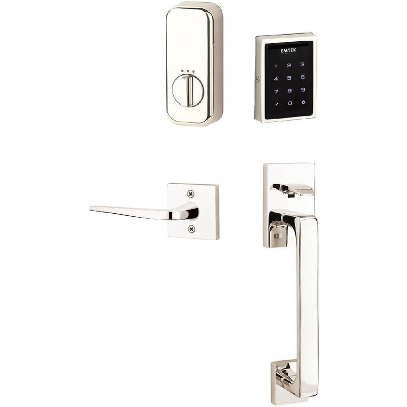 The Emtek Electronic EMPowered Motorized Touchscreen Keypad Entry Set With Baden Grip and Athena Lever in Lifetime Polished Nickel finish