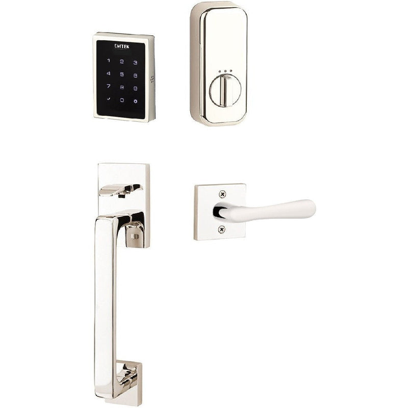 The Emtek Electronic EMPowered Motorized Touchscreen Keypad Entry Set With Baden Grip and Basel Lever in Lifetime Polished Nickel finish