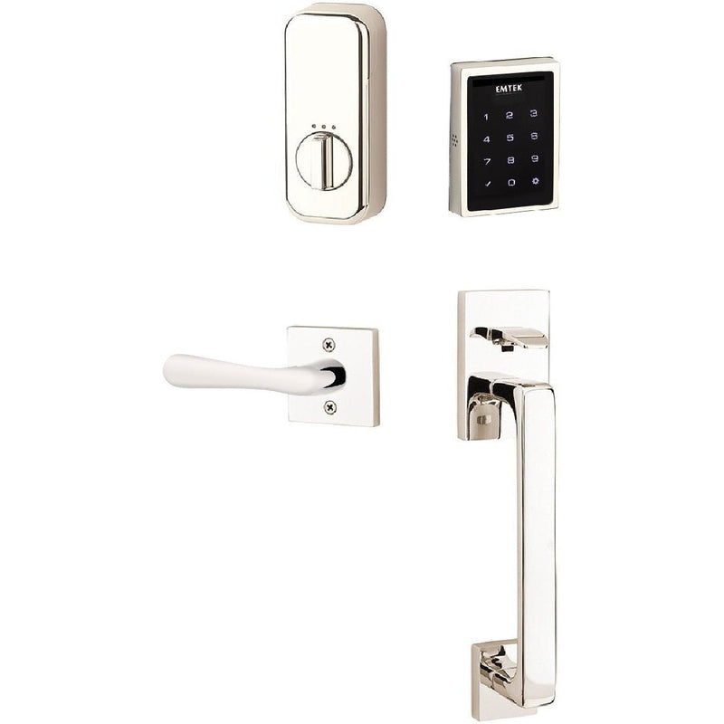 The Emtek Electronic EMPowered Motorized Touchscreen Keypad Entry Set With Baden Grip and Basel Lever in Lifetime Polished Nickel finish