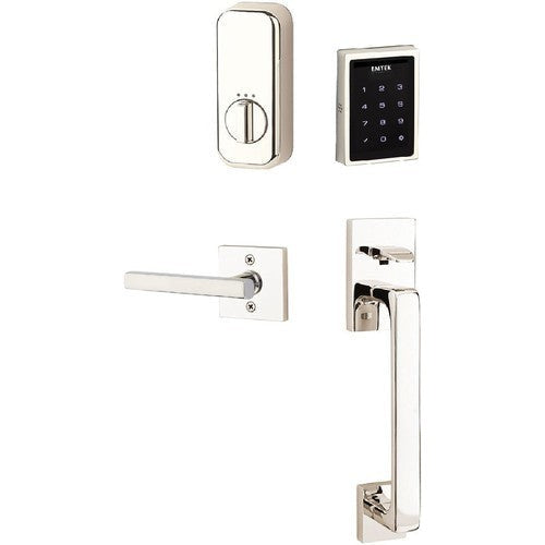 The Emtek Electronic EMPowered Motorized Touchscreen Keypad Entry Set With Baden Grip and Freestone Lever in Lifetime Polished Nickel finish