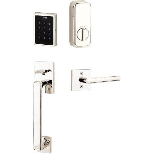 The Emtek Electronic EMPowered Motorized Touchscreen Keypad Entry Set With Baden Grip and Stuttgart Lever in Lifetime Polished Nickel finish