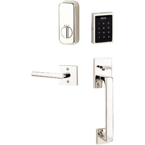 The Emtek Electronic EMPowered Motorized Touchscreen Keypad Entry Set With Baden Grip and Stuttgart Lever in Lifetime Polished Nickel finish