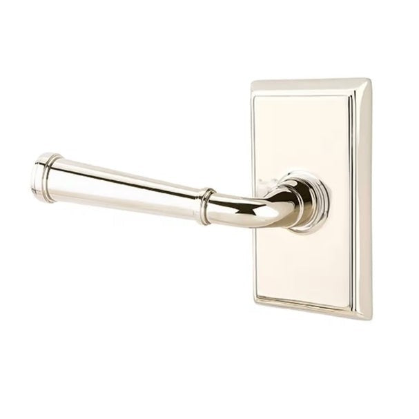 The Emtek Merrimack Lever With Rectangular Rosette in Lifetime Polished Nickel finish