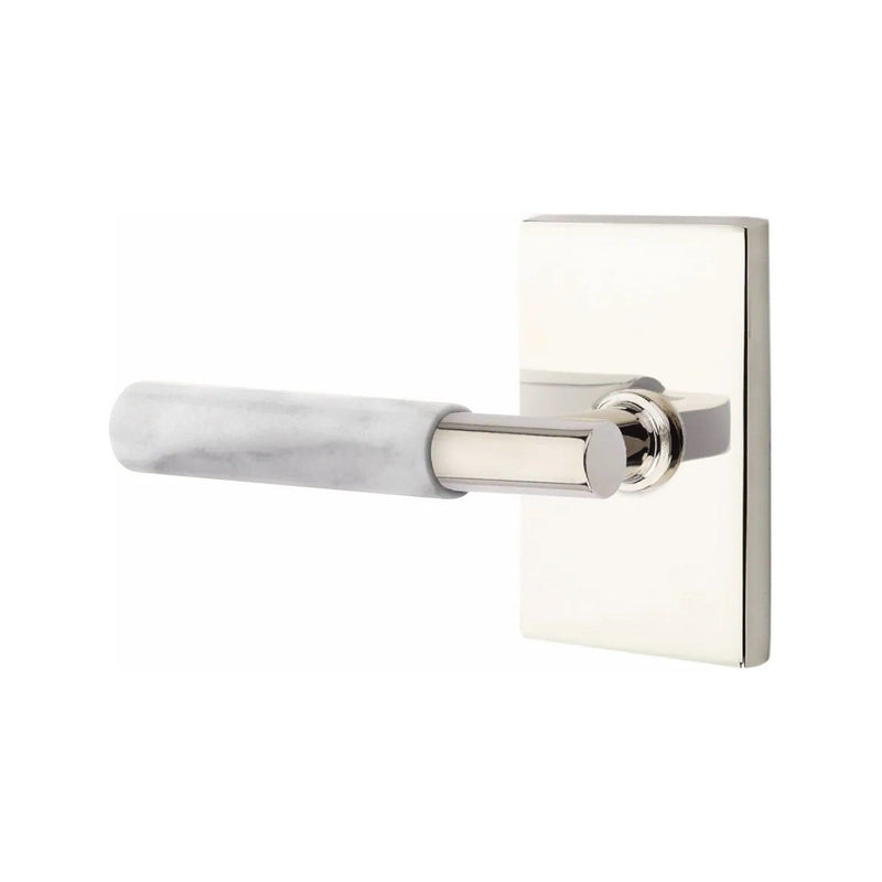 Emtek Select T-Bar White Marble Lever with Modern Rectangular Rosette in Lifetime Polished Nickel finish