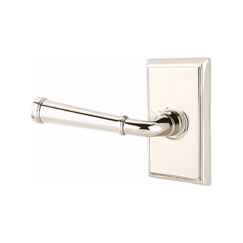 The Emtek Merrimack Lever With Rectangular Rosette in Lifetime Polished Nickel finish