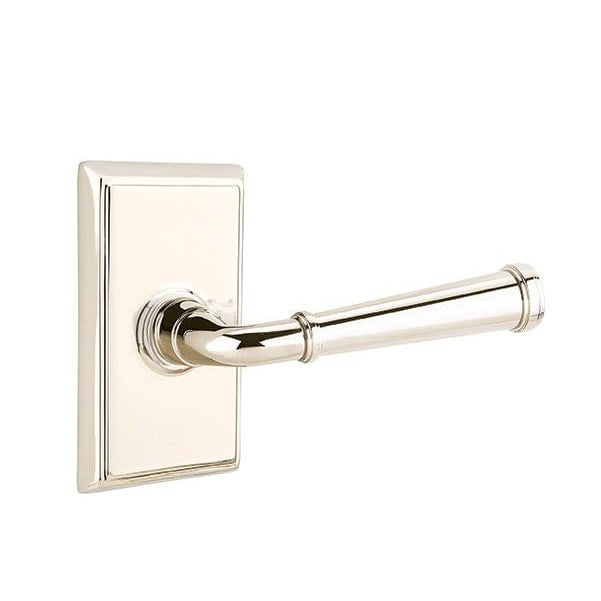 The Emtek Merrimack Lever With Rectangular Rosette in Lifetime Polished Nickel finish