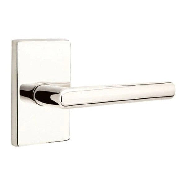 The Emtek Stuttgart Lever With Modern Rectangular Rosette in Lifetime Polished Nickel finish