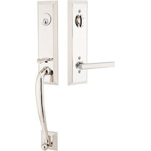 Emtek Adams Tubular Entrance Handleset With Freestone Lever in Lifetime Polished Nickel finish