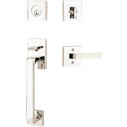 Emtek Baden Entrance Handleset With Dumont Lever in Lifetime Polished Nickel finish