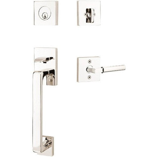 Emtek Baden Entrance Handleset With Hercules Lever in Lifetime Polished Nickel finish