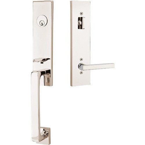 Emtek Davos Tubular Entrance Handleset With Freestone Lever in Lifetime Polished Nickel finish