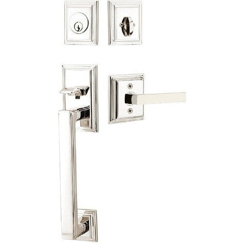 Emtek Hamden Tubular Entrance Handleset With Dumont Lever in Lifetime Polished Nickel finish