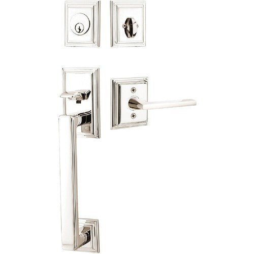 Emtek Hamden Tubular Entrance Handleset With Helios Lever in Lifetime Polished Nickel finish