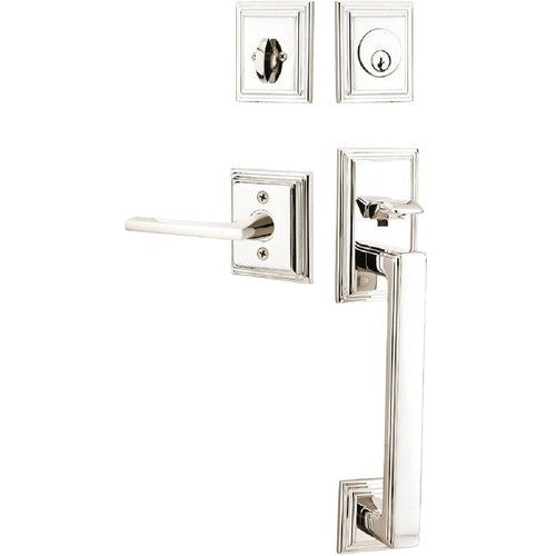 Emtek Hamden Tubular Entrance Handleset With Helios Lever in Lifetime Polished Nickel finish