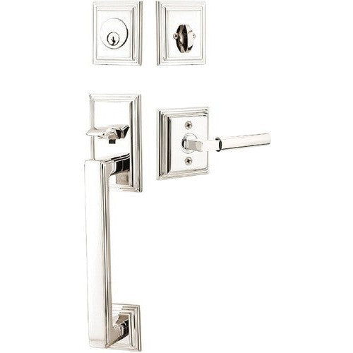 Emtek Hamden Tubular Entrance Handleset With Hercules Lever in Lifetime Polished Nickel finish