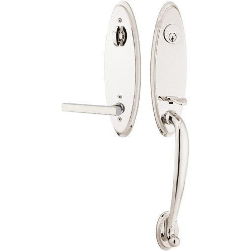 Emtek Marietta Tubular Entrance Handleset With Freestone Lever in Lifetime Polished Nickel finish