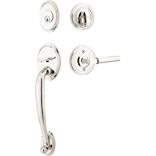 Emtek Saratoga Tubular Entrance Handleset With Hercules Lever in Lifetime Polished Nickel finish