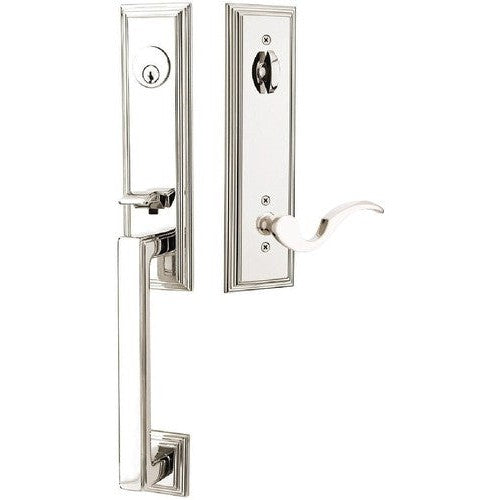 Emtek Wilshire Tubular Entrance Handleset With Cortina Lever in Lifetime Polished Nickel finish