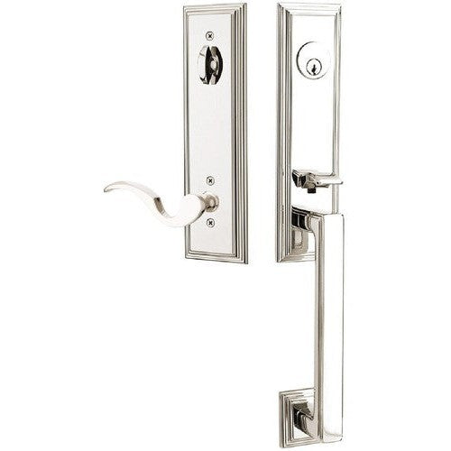 Emtek Wilshire Tubular Entrance Handleset With Cortina Lever in Lifetime Polished Nickel finish