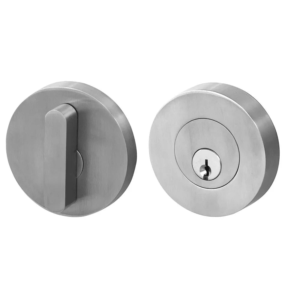 Linnea DB63R Modern Keyed Entry Single Cylinder Deadbolt with Thumbturn and Round Rose in Satin Stainless Steel finish
