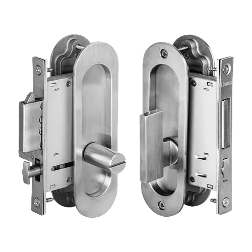 Linnea PL160R Round ADA Compliant Privacy Pocket Door Lock Set Satin Stainless Steel