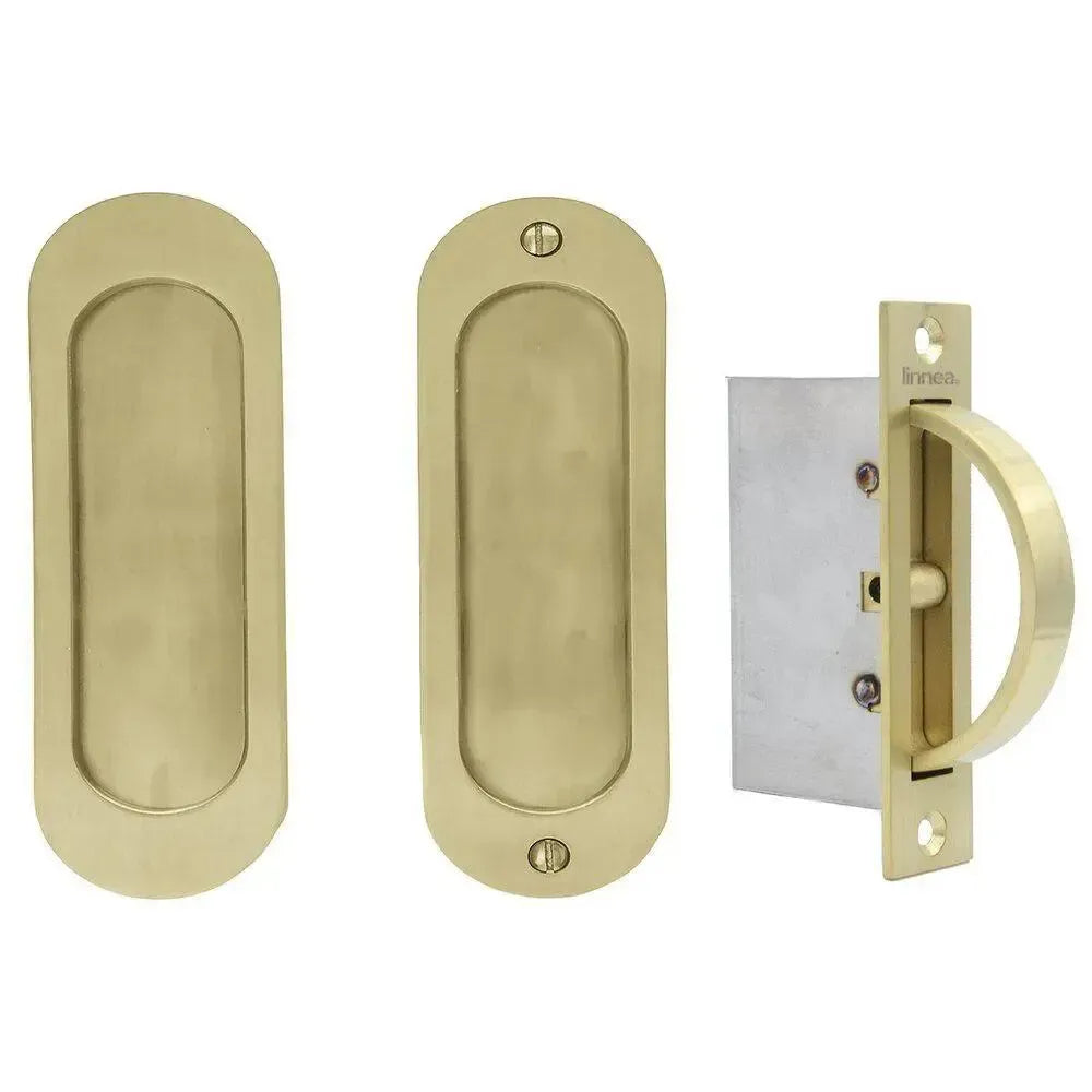 Linnea PL160R Round Full Dummy Pocket Door Pull | Stainless Steel in Satin Brass finish