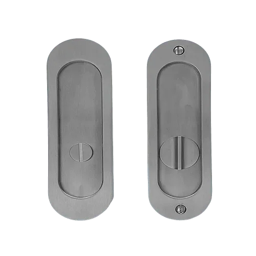 Linnea PL160R Round Privacy Pocket Door Lock with Straight Pull in Satin Stainless Steel finish