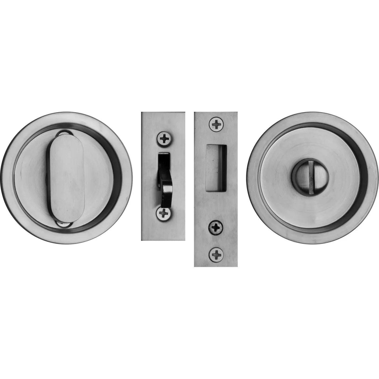 Linnea PL66R Round Privacy Pocket Door Lock in Satin Stainless Steel finish