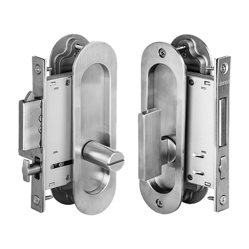 Linnea PL160R Round ADA Compliant Privacy Pocket Door Lock Set in Satin Stainless Steel finish