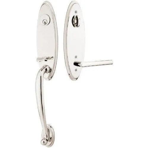Emtek Marietta Tubular Entrance Handleset With Left Handed Stuttgart Lever in Lifetime Polished Nickel finish