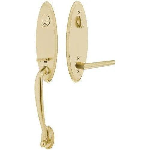 Emtek Marietta Tubular Entrance Handleset With Left Handed Stuttgart Lever in Satin Brass finish