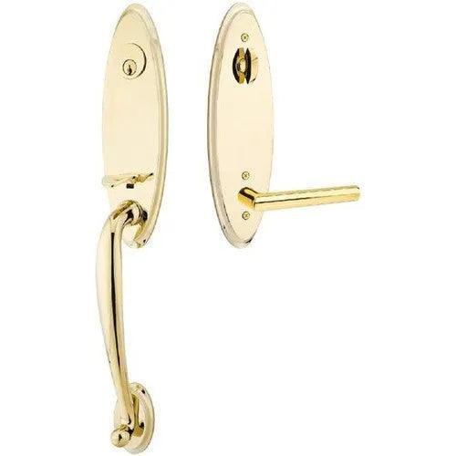 Emtek Marietta Tubular Entrance Handleset With Left Handed Stuttgart Lever in Unlacquered Brass finish