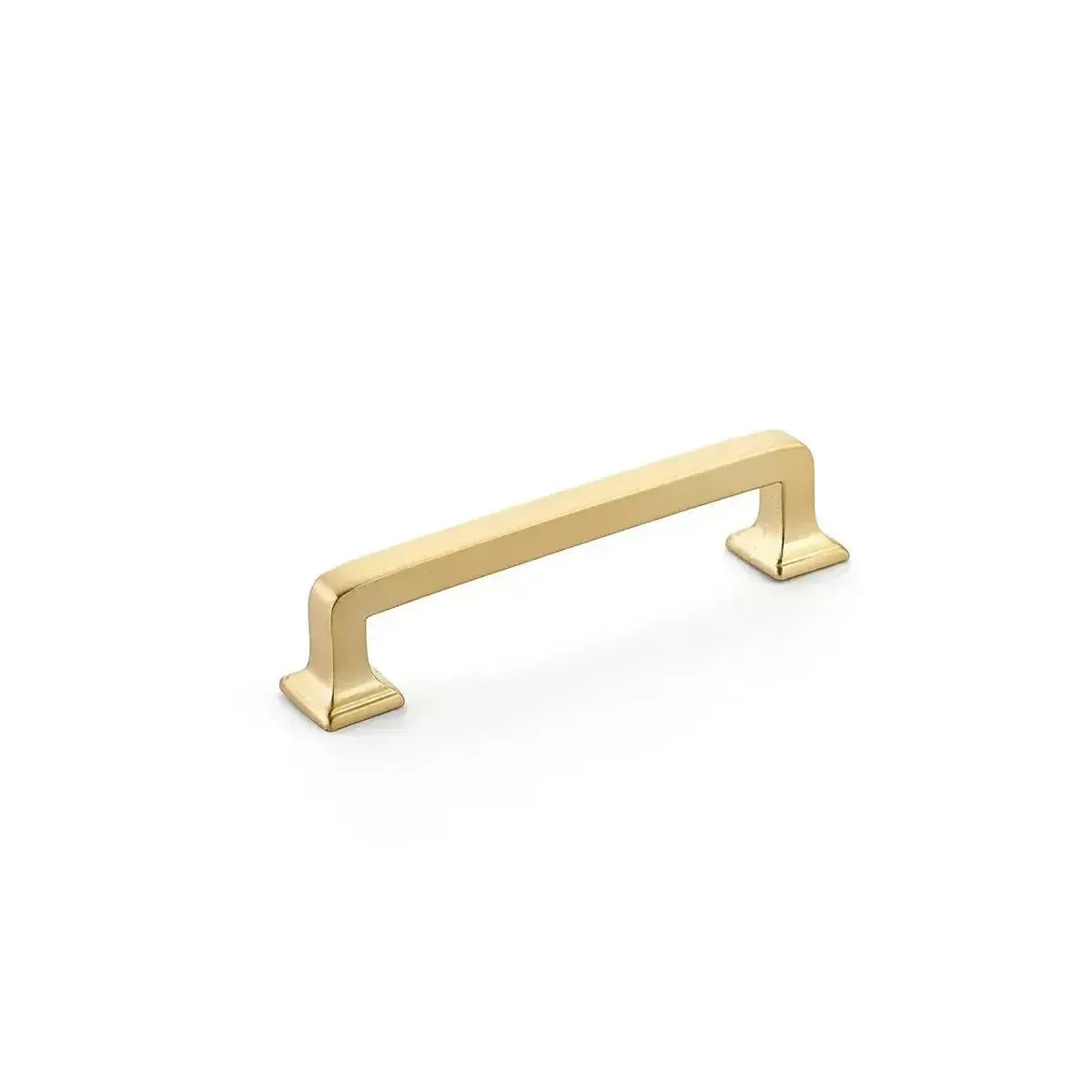 The Schaub Menlo Park Cabinet Pull in Signature Satin Brass finish.