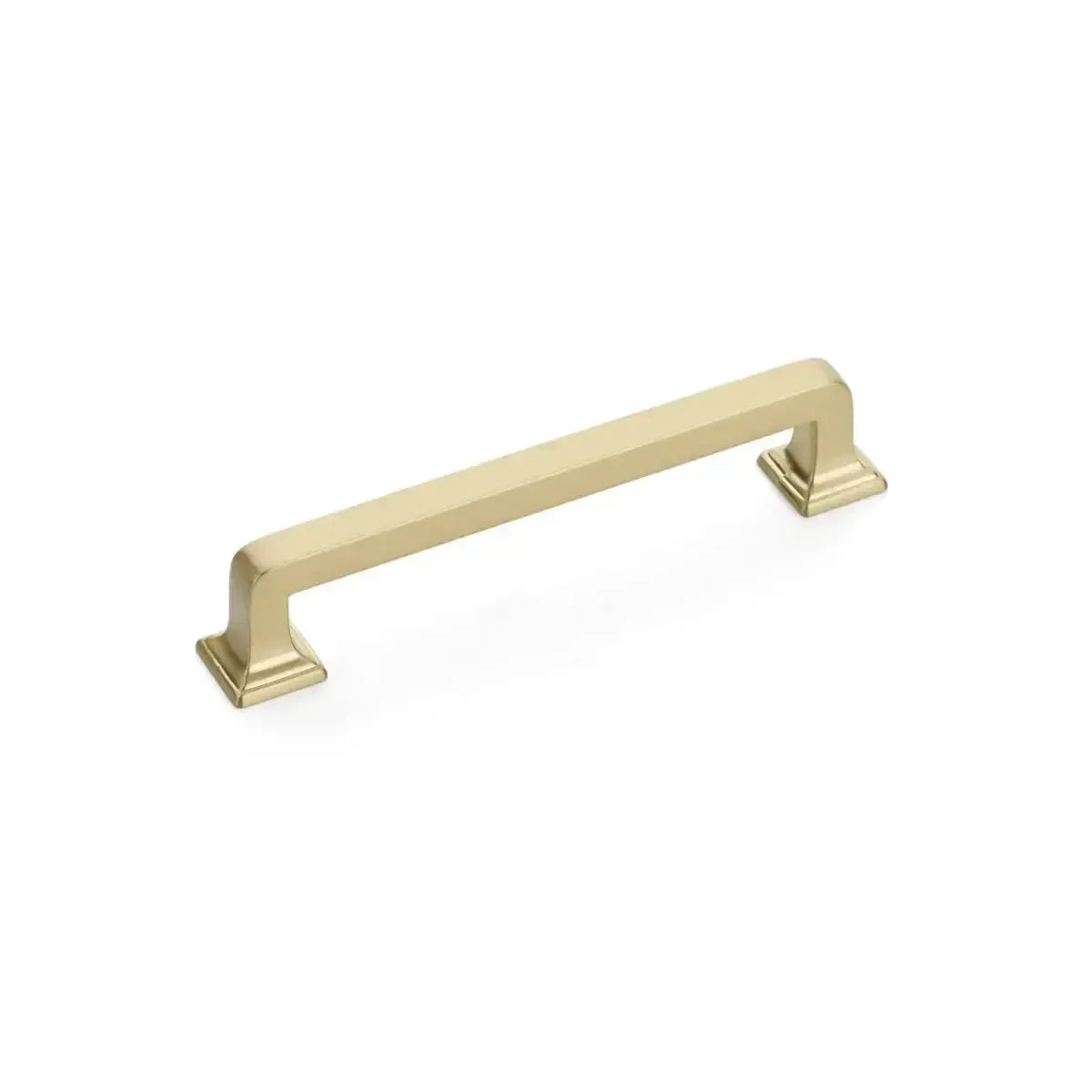 The Schaub Menlo Park Cabinet Pull in Signature Satin Brass finish.