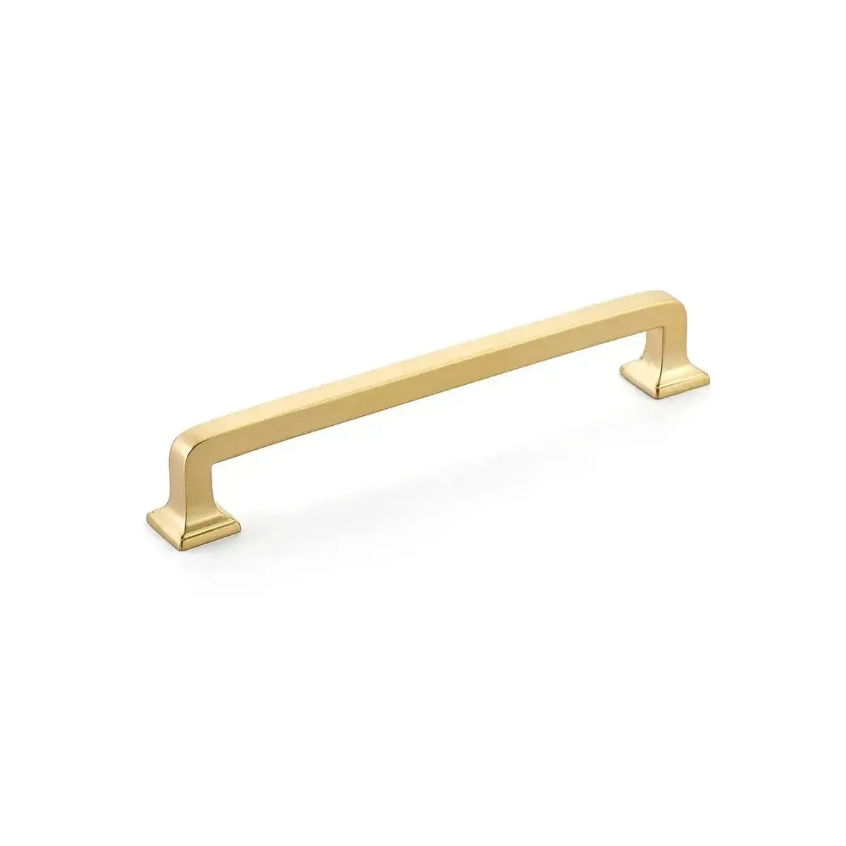 The Schaub Menlo Park Cabinet Pull in Signature Satin Brass finish.
